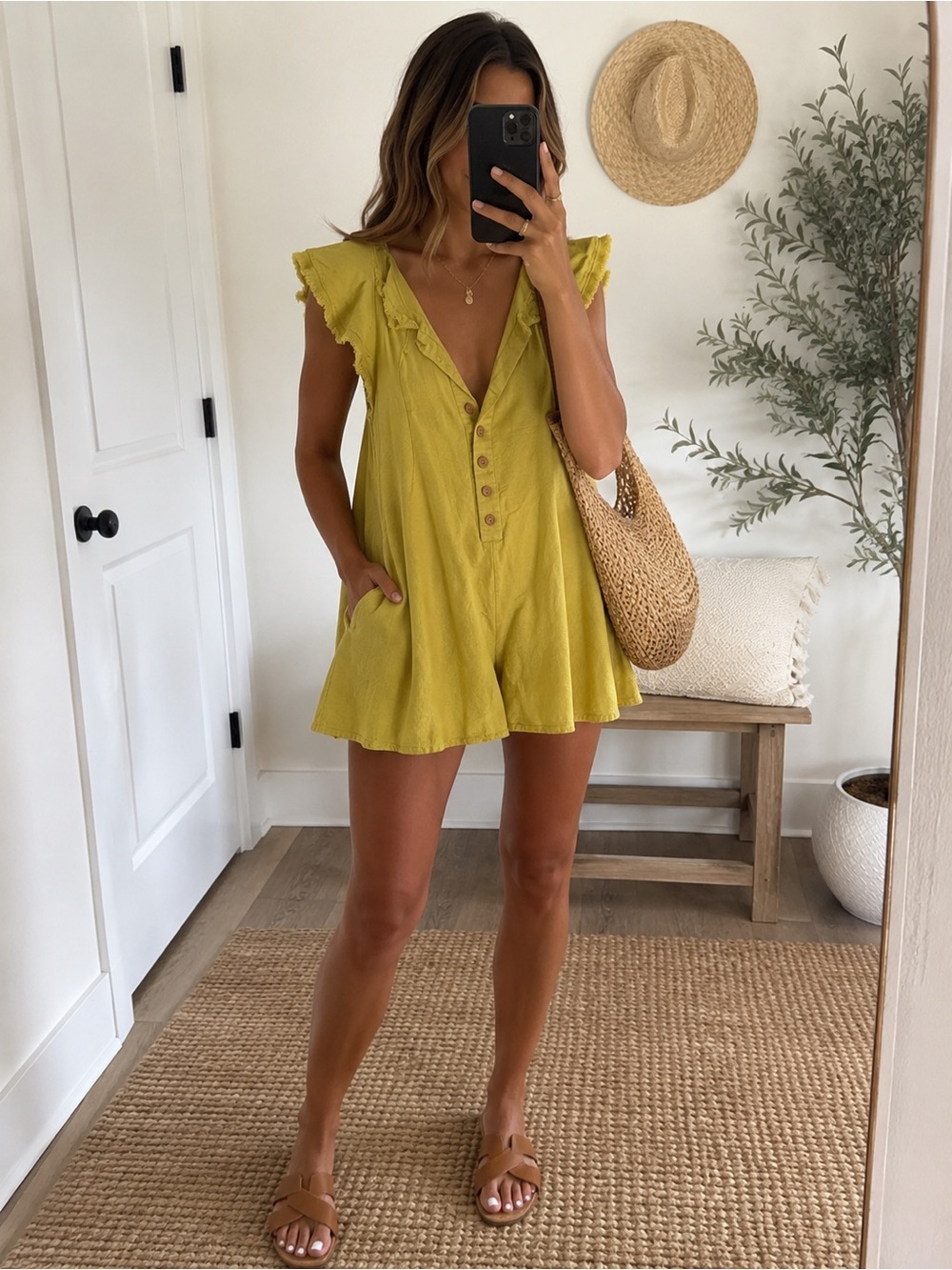 Promesa Lime Green Linen Blend Button Front Flutter Sleeve Romper Size M